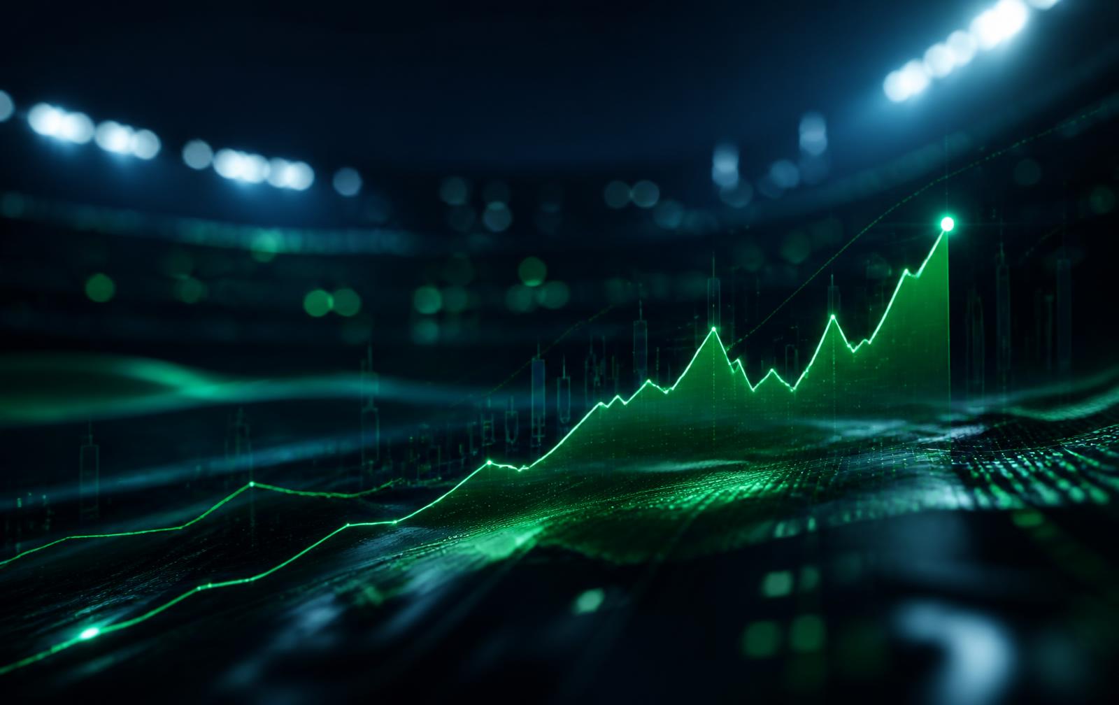 Visualização de desempenho financeiro sob luzes de estádio