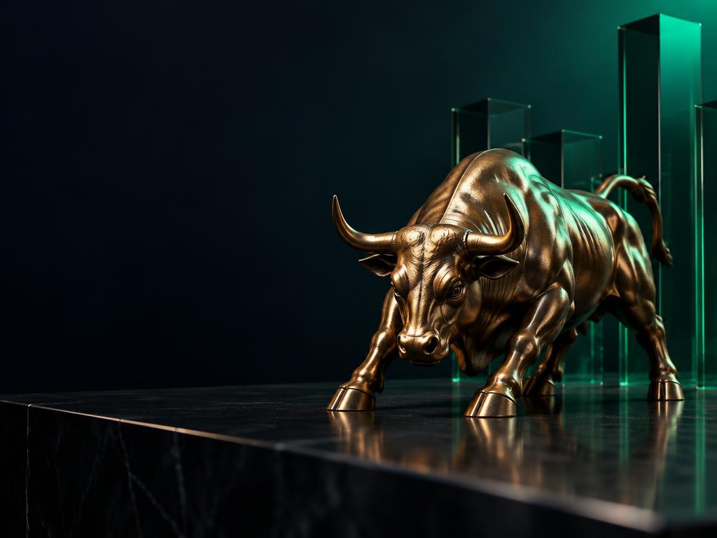 Escultura de touro em bronze e vidro verde